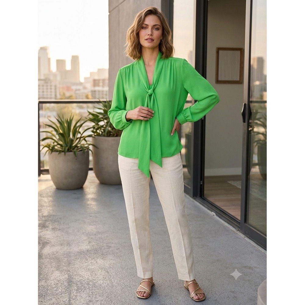 Gemma‎ + Jane Cool Green Tie Neck Long Sleeve Blouse XL NWT